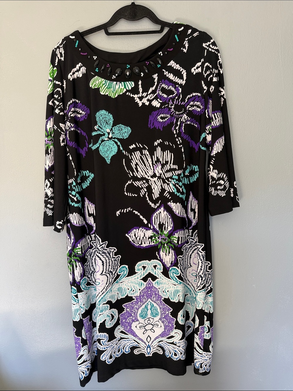 Studio I Artsy Floral Embellished Beaded Neckline 3/4 Sleeve Knit Midi Dress 10